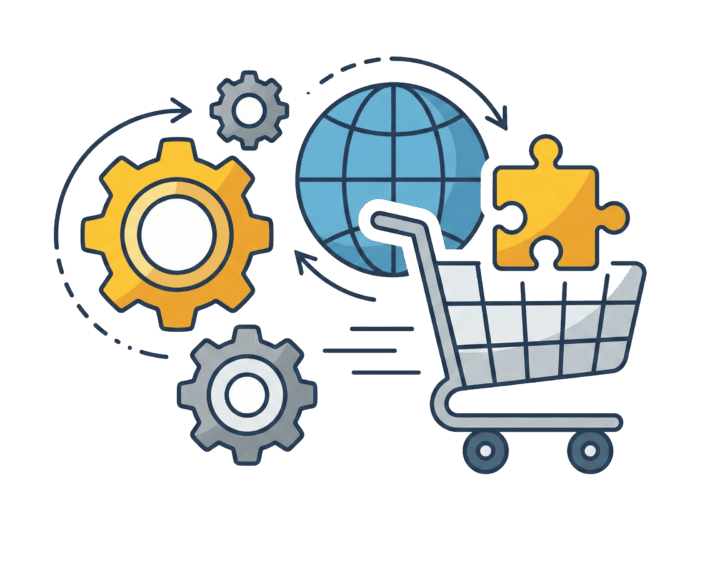 Globale Versandlogistik mit Warenkorb und Puzzlestücken.