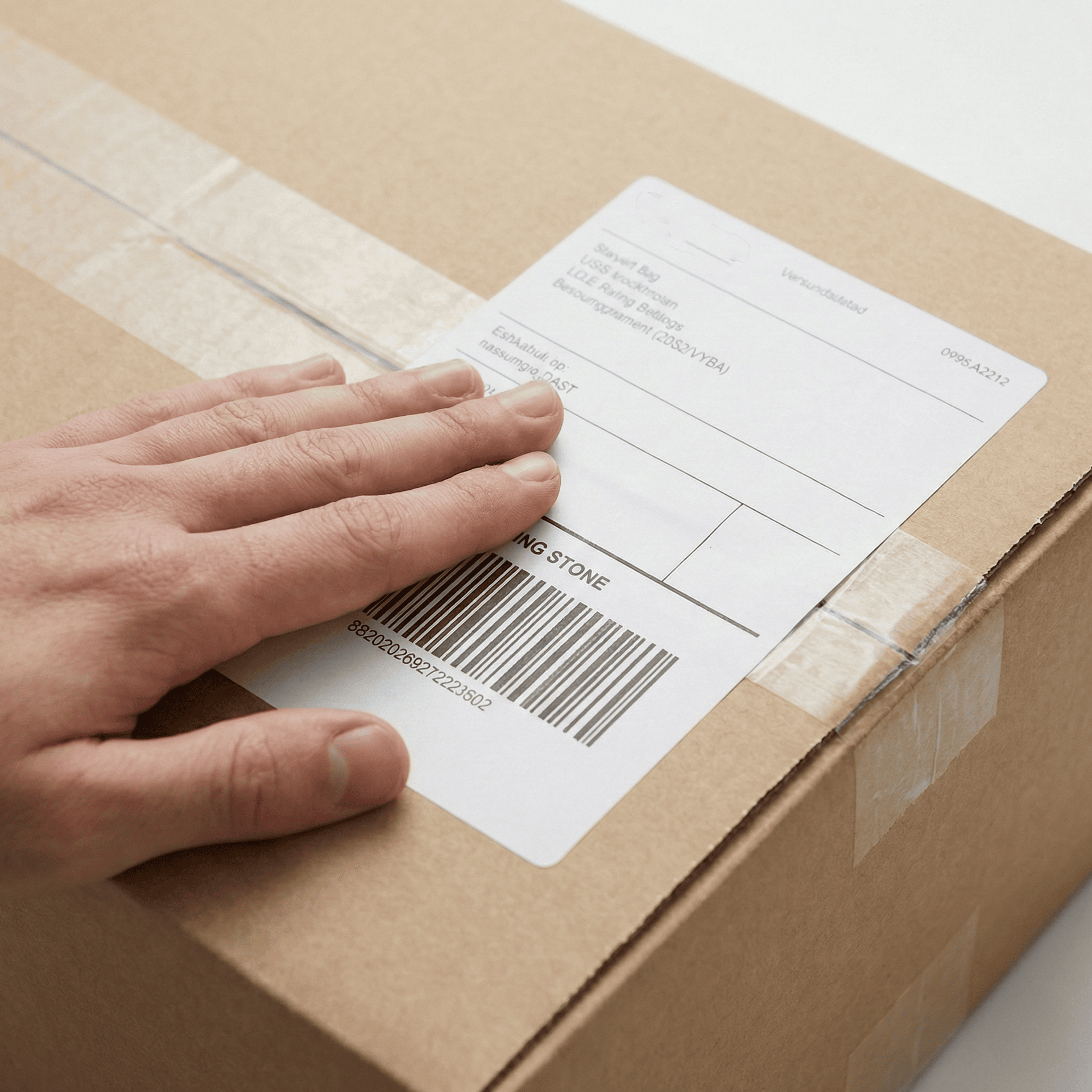 Versandetikett auf Paket für internationalen Versand, Logistik und Versanddienstleistungen.