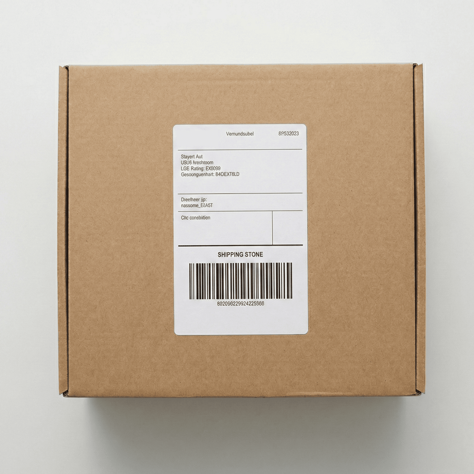 Versandkarton mit Barcode für internationalen Versand, ideal für Paketversand weltweit.