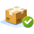 Paket mit Versandlabel und grüner Checkmark für weltweiten Versand.