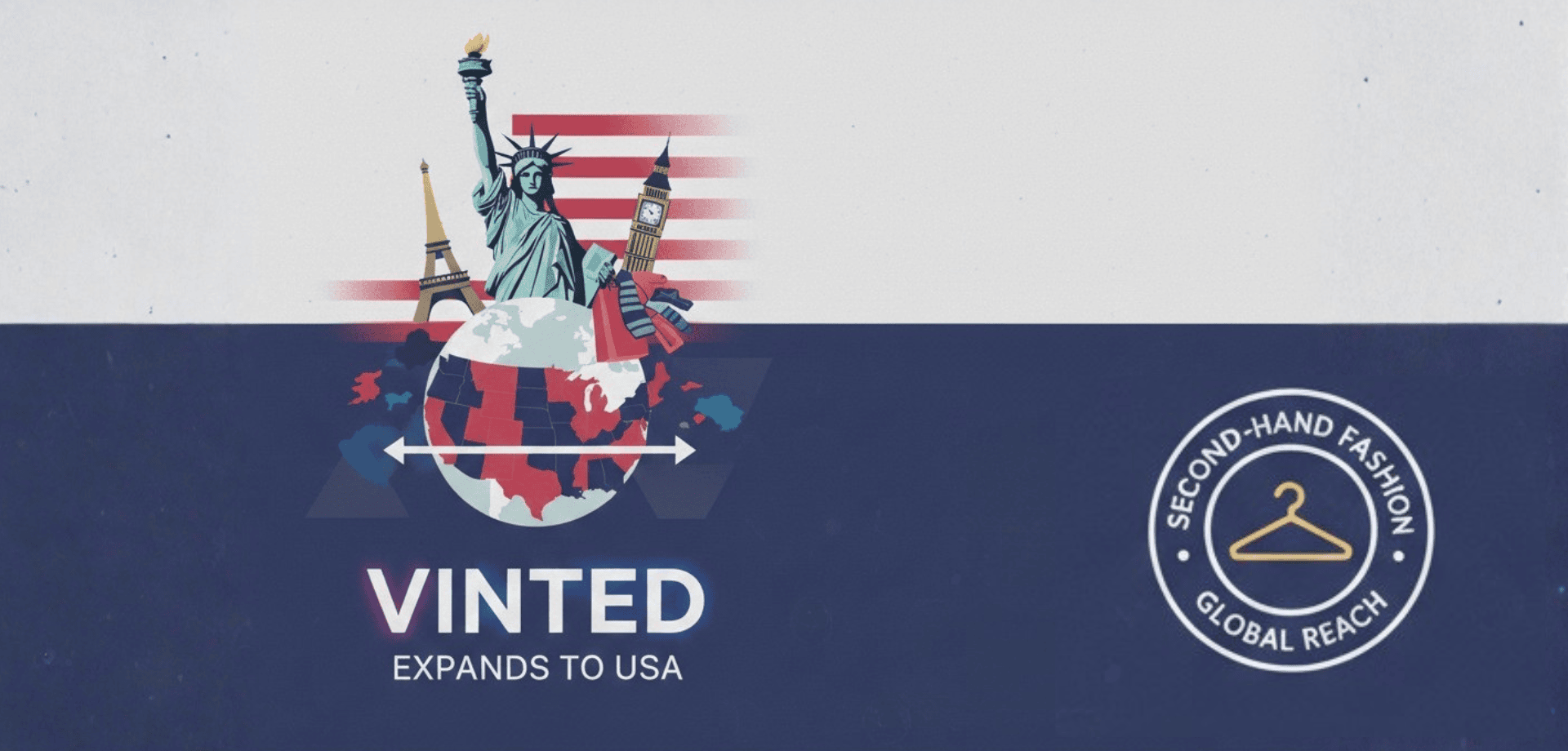 Vinted Logo mit US-Flagge und Weltkarte, Expansion in die USA.
